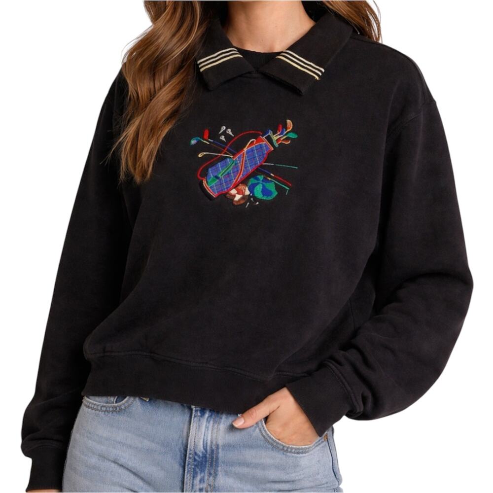 VTG Line Up Polo Sweatshirt 80s Embroidered Golf Logo 100% Cotton Black Small